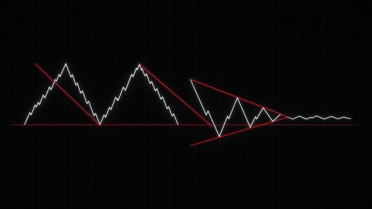 Chart patterns diagram showing a double top, a head and shoulders, an ascending triangle and a bull flag with necklines, trendlines and breakout arrows