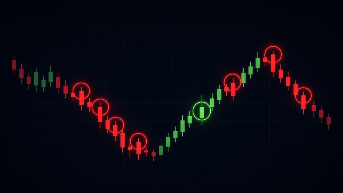 Common binary trading mistakes shown on a chart, with a late entry at the close of a breakout candle and the pullback that follows