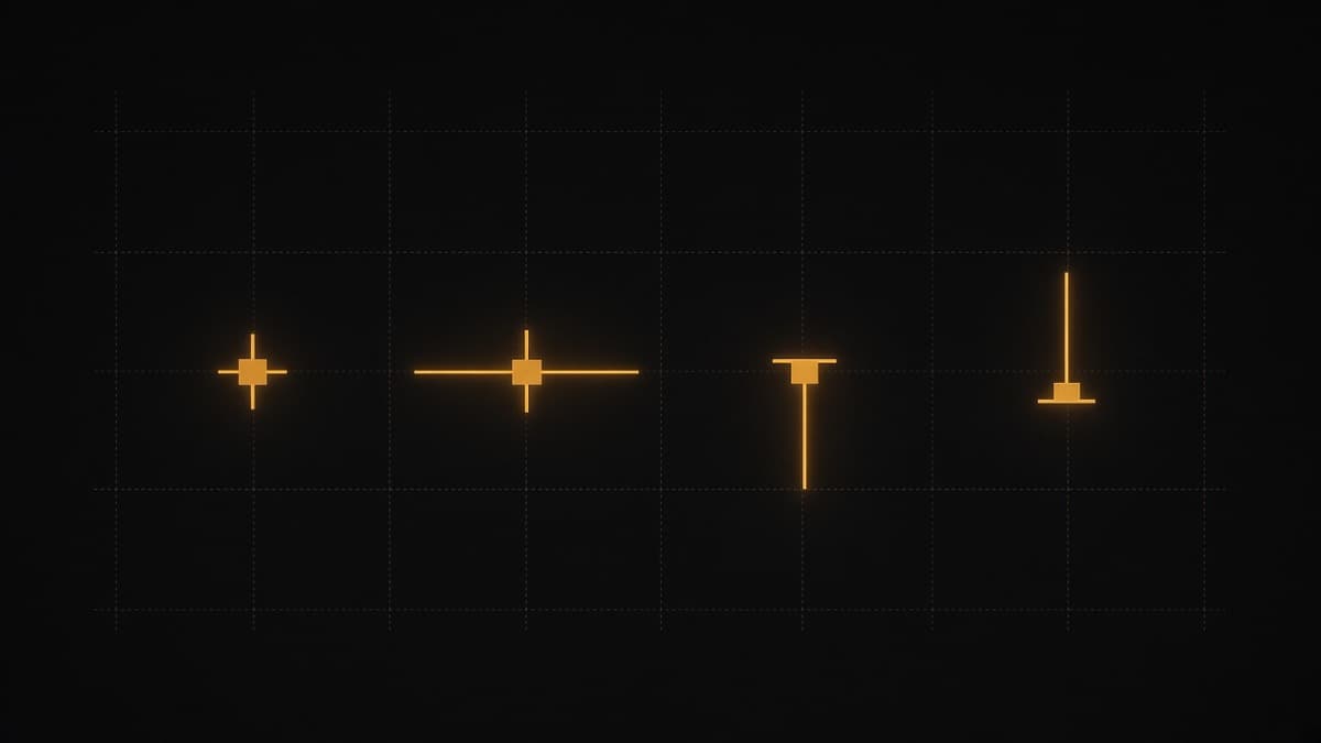 Doji candlestick patterns showing standard, long legged, dragonfly and gravestone doji candles on a price chart