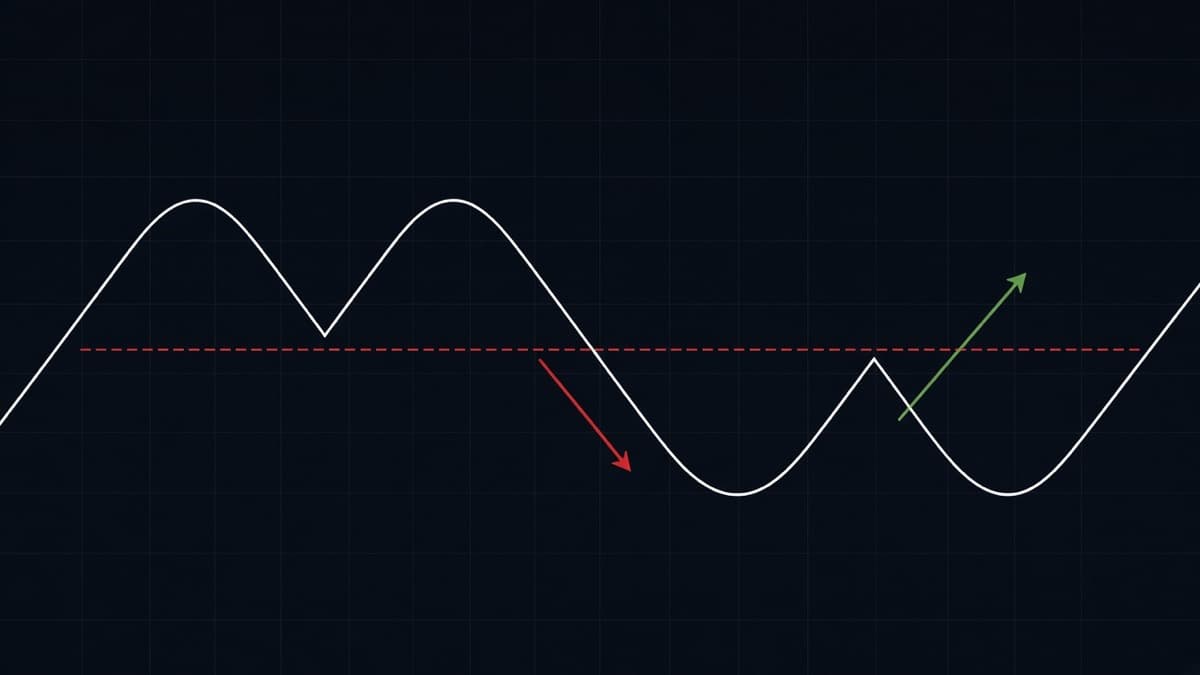 Double top and double bottom pattern chart showing two equal highs, two equal lows, the neckline and the breakout arrow