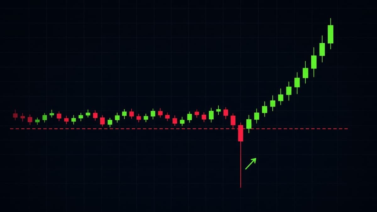 Liquidity sweep on a candlestick chart showing a wick spiking below equal lows before price reverses upward