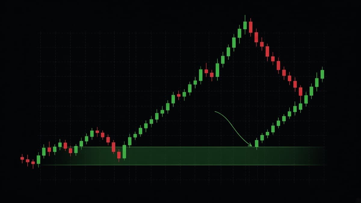 Order block marked on a candlestick chart, showing the last down candle before a rally and the retest of that zone