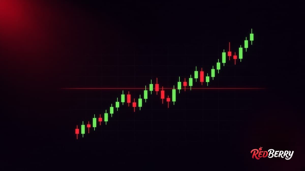 The REDBERRY signal desk showing a currency pair, a one minute timeframe and an UP signal next to a price chart