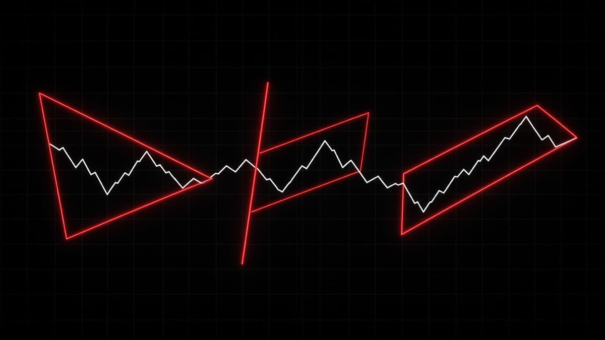 Continuation patterns chart showing an ascending triangle, a bull flag, a rising wedge and a pennant with trendlines and breakout arrows